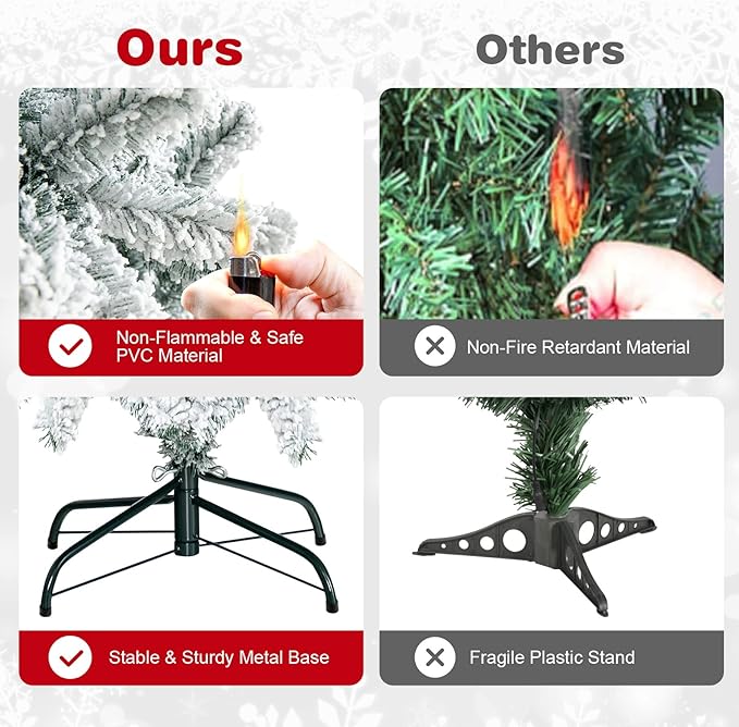 HAPPYGRILL 7.5 Feet Flocked Christmas Tree Artificial Xmas Tree with 1010 PVC Branch Tips, Hinged Xmas Tree Life-Like Seasonal Holiday Tree for Home Office