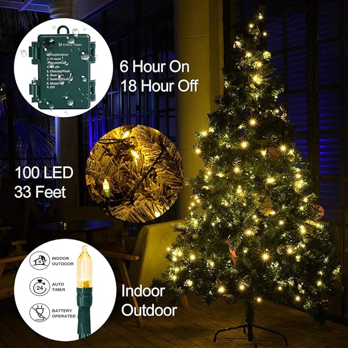 Christmas Light, 33ft 100 LED Battery Operated String Lights with Auto Timer & 8 Modes, Green Wire Outdoor Waterproof String Lights for Outdoor and Indoor Christmas Decor – Warm White