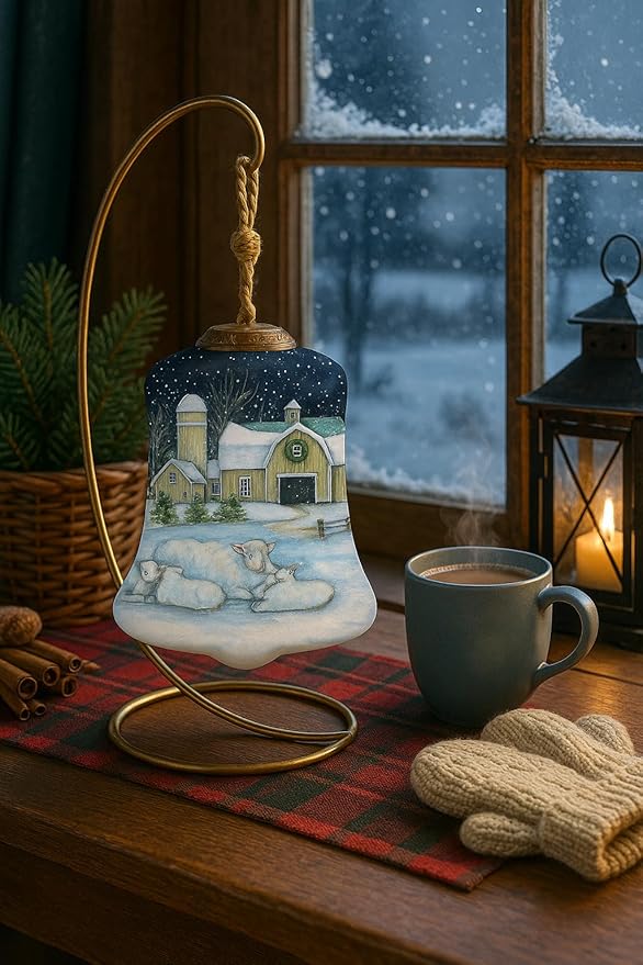 Winter on The Farm Bell Ornament – Reverse Hand-Painted Glass for Christmas Tree – Snowy Barn Scene with Sheep & Cardinal – Christmas Tree Decoration in Satin-Lined Gift Box
