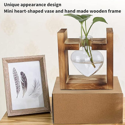 Zerodis Plant Terrarium with Wooden Stand,Heart Shaped Transparent Glass Vase Flower Pot Hydroponics Plant Propagation Station for Hydroponics Plants Home Office Decor (Retro Box + 1