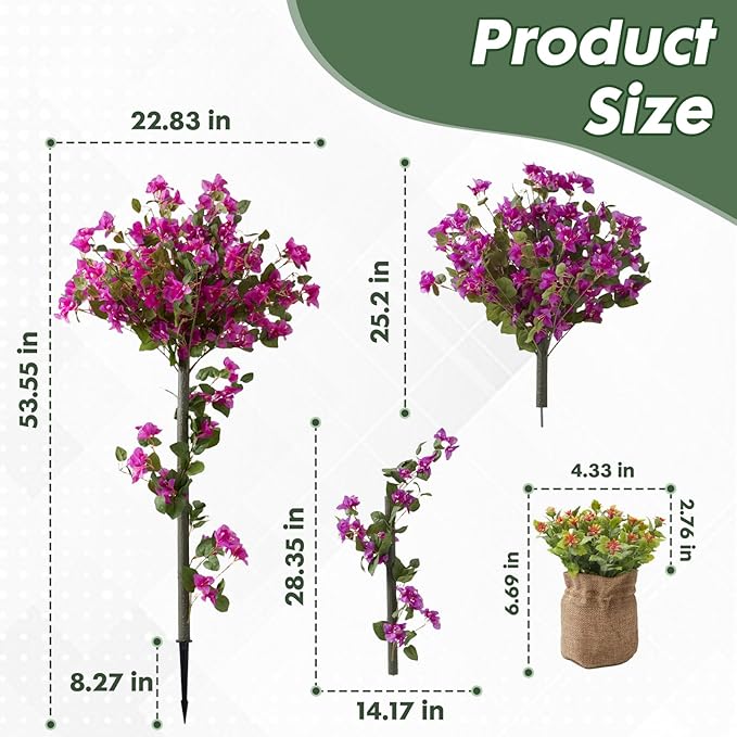 MGWILL 4FT Artificial Bougainvillea Tree, Set of 2 Faux Silk Floral Blooming Tree with Ground Spike, Decorative Topiary Plant, Fake Flowers Plants for Indoor Outdoor Porch Decor