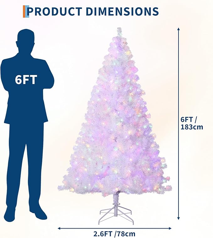 GAOMON 6Ft Prelit Christmas Tree, White Tinsel Christmas Tree with 250 Warm White Led Lights & Sturdy Stand, Sparkle Xmas Decorations for Homes Offices, Parties, White