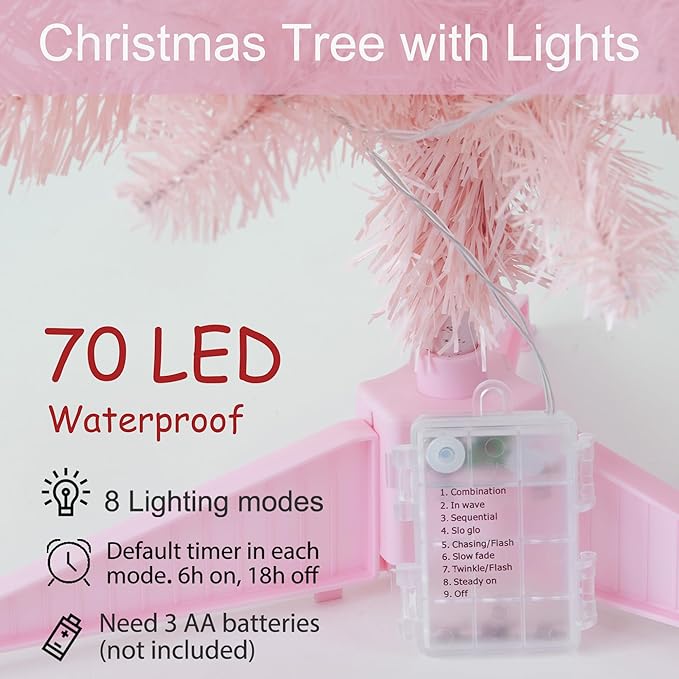 Pre-Lit Artificial Christmas Tree 4Ft, Battery Operated Desktop Xmas Tree with 70 LED 210 Branch Tips Mini Christmas Tree Decoration Indoor Outdoor