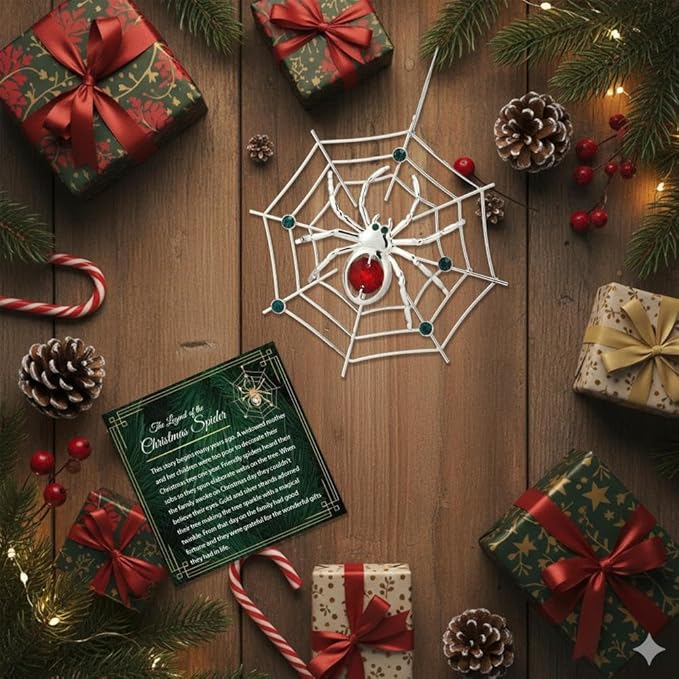Matashi Silver Plated Christmas Tree Spider Ornament w Red, Green Crystals Lucky Hanging Decoration, Holiday Ornament Gift, Unique Spider Decor for Christmas & Halloween Party w Tinsel Legend Story