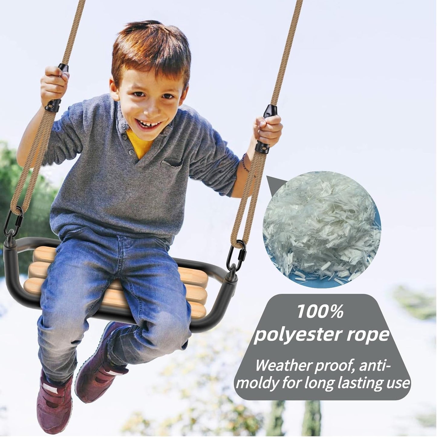 SELEWARE Hanging Wood Swing Seat Tree Swing for Kids, 100% Polyester Weather Proof Rope Heavy Duty Steel Tubing Structure Backyard Swing Set Replacement