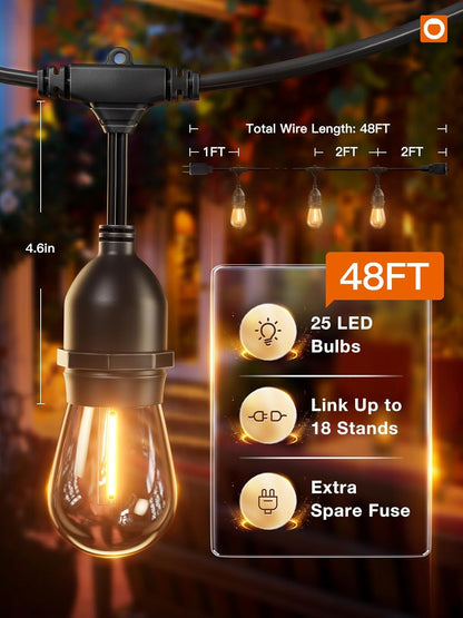 addlon 48FT LED Outdoor String Lights with 25 Edison Vintage Shatterproof Bulbs and Commercial Grade Weatherproof Strand - ETL Listed Heavy-Duty Decorative Lights for Patio Garden