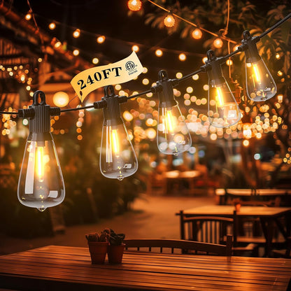 FOOMAN LED Outdoor String Lights, 240FT Outside Waterproof Patio Lights with 120+4 Shatterproof ST38 Edison Bulbs, 2700K Warm White Hanging Light, Dimmable Light for Backyard Garden Bistro Party Cafe