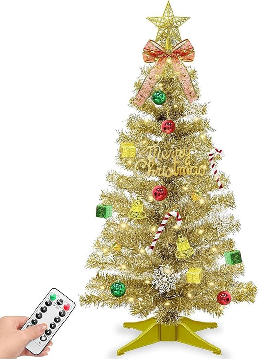 3Ft Small Christmas Tree with Timer Remote, 8 Modes 50 Warm White&Colorful Change Lights, 3D Star&44 Ornaments, Battery Operated, Mini Christmas Tree Table Indoor Holiday Party Decor