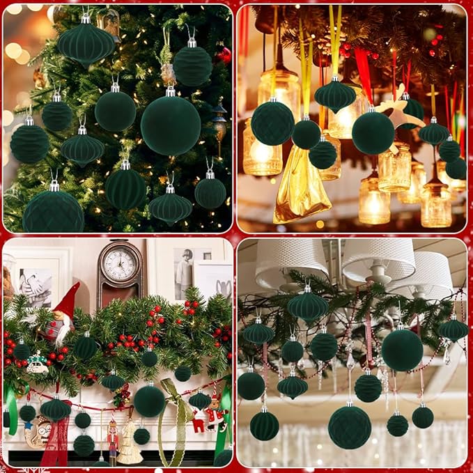 28PCS Velvet Christmas Balls Ornaments, Flocked Shatterproof Dark Green Xmas Tree Hanging Decoration Plastic Ball Set Bulk Ornament for Winter Trees Holiday Party Home Wreath Decor