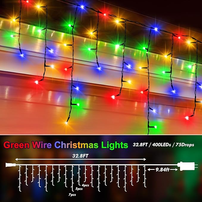 KNONEW 33FT 400 LED Christmas Lights Outdoor Black Wire String Lights with 75 Drops, 8 Lighting Modes, Timer Memory Function Connectable Hanging Curtain Lights for Halloween Party Decor(Multicolor)