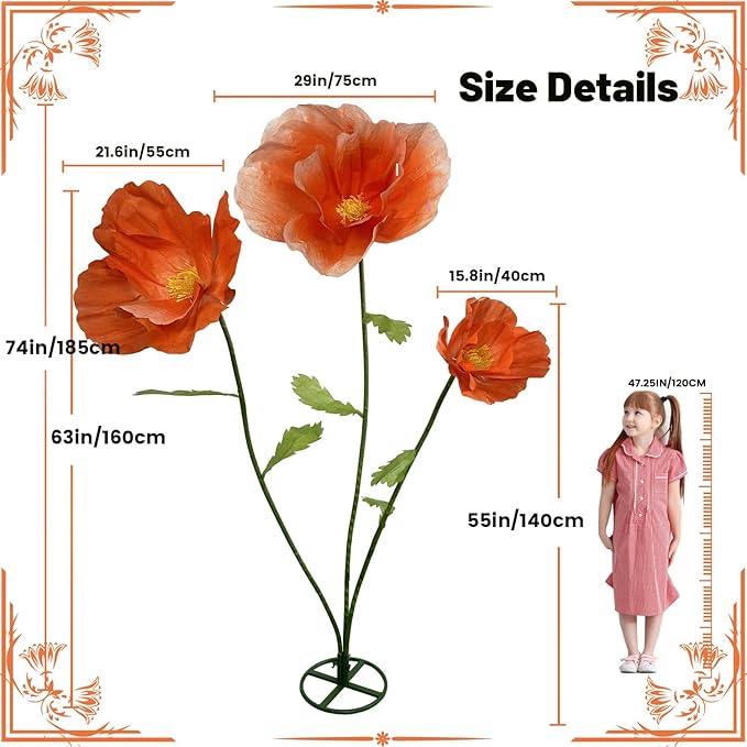 3pc Large Paper Artificial Flowers, Giant Flower for Decoration,Standing Huge Handcrafted Flowers for Garden, Hotel, Office, Photography Props, Wedding,Art Gallery, Shop Window Display (Orange)