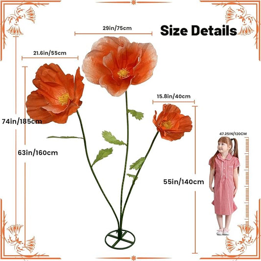 3pc Large Paper Artificial Flowers, Giant Flower for Decoration,Standing Huge Handcrafted Flowers for Garden, Hotel, Office, Photography Props, Wedding,Art Gallery, Shop Window Display (Orange)