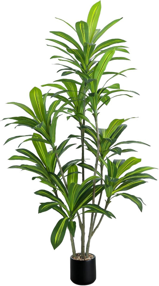 Artificial Dracaena Tree 6FT Tall, Realistic Faux Indoor Floor Plant for Home & Office Decor, Black Round Planter with Decorative Stones – UPBUD