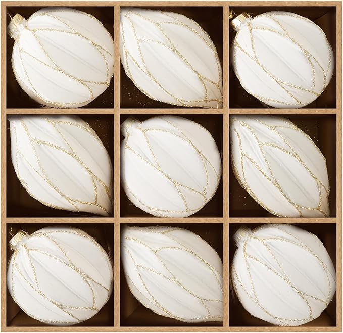 WDS WONDROUS Christmas Ball Ornaments, Vintage Ball & Teardrop Xmas Tree Ornament Set, Hanging Assorted Glass Balls for Holiday Home Party Decor (9Pcs, White & Gold Line)