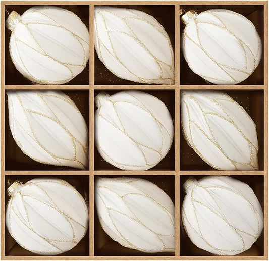 WDS WONDROUS Christmas Ball Ornaments, Vintage Ball & Teardrop Xmas Tree Ornament Set, Hanging Assorted Glass Balls for Holiday Home Party Decor (9Pcs, White & Gold Line)
