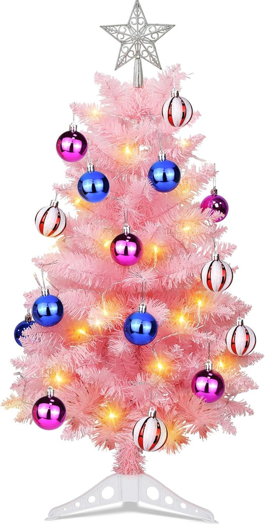 [Timer & 8 Modes] 3FT Pink Christmas Tree with Lights, Artificial Small Christmas Tree with Star -Includes 15 Xmas Balls Ornament Pink Xmas Trees Decorations for Home, Office, Indoor and Outdoor