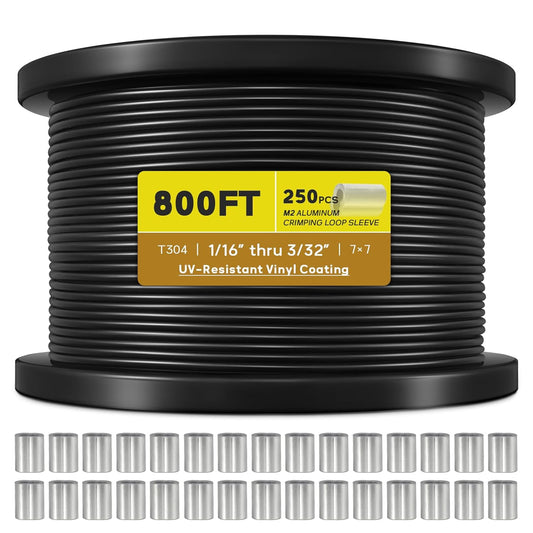 Vinyl Coated Wire Rope 1/16 Inch Overmolded to 3/32 Inch, 800FT 304 Stainless Steel Cable with 250 Pcs Crimping Sleeves for String Light Hanging Kit, Clotheslines and Trellis Wire