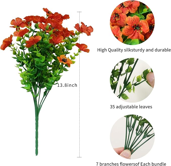 Artificial Fake Plants Flowers for Outdoor Fall Autumn Decoration，16 Bundles Fake Plants UV Resistant No Fade Faux Plastic Greenery Boxwood Porch Patio Fall Mums Home Decor