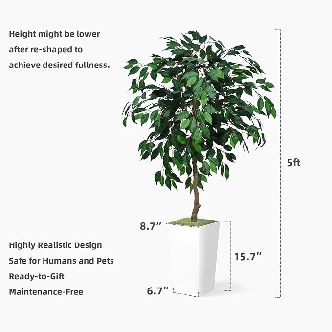 Artificial Ficus Tree 5FT - Faux Indoor Tree with Gray Tall Planter - Fake Ficus Floor Plant Potted - Artificial Silk Tree for Home Office Living Room Decor Indoor