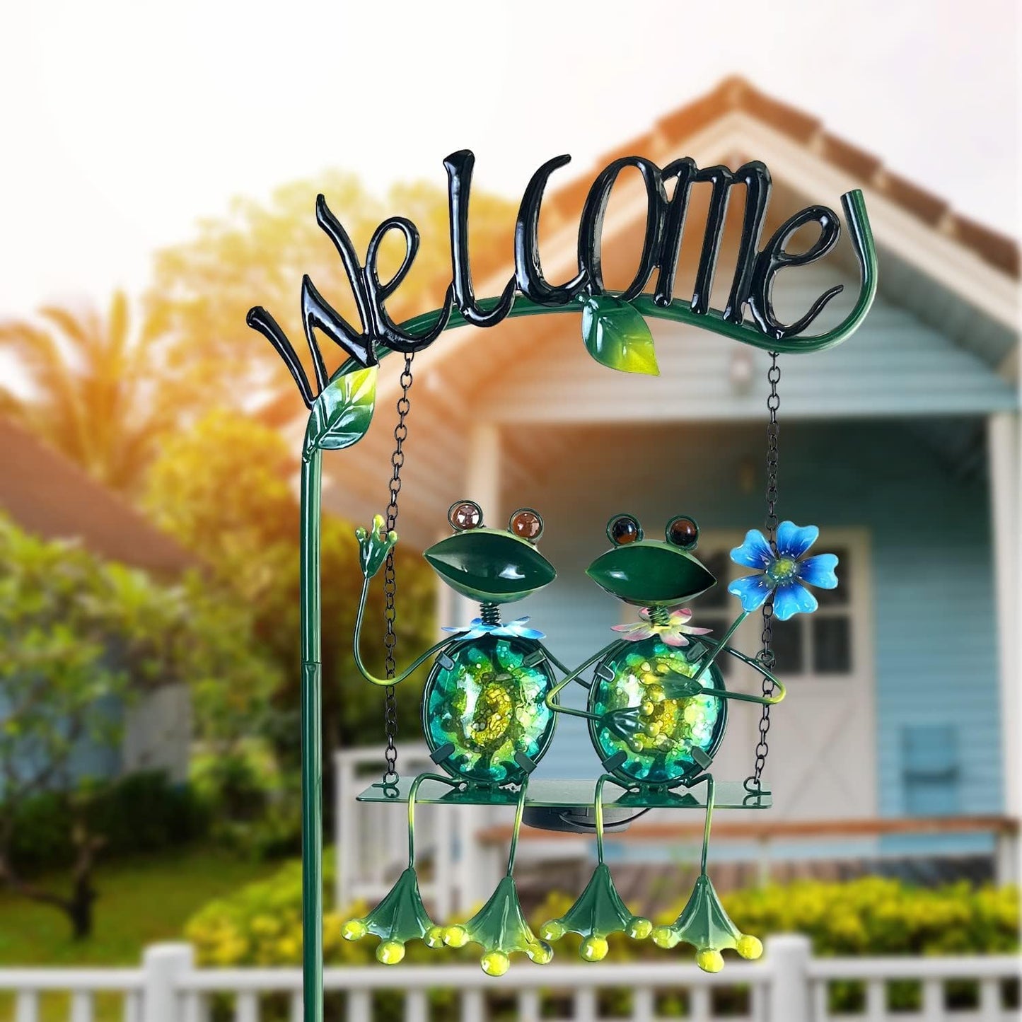 HONGLAND Outdoor Garden Solar Lights,Frog Swing Garden Decor,Frog Decorative Stake with Welcome Sign for Landscape Patio Yard (48 inch)