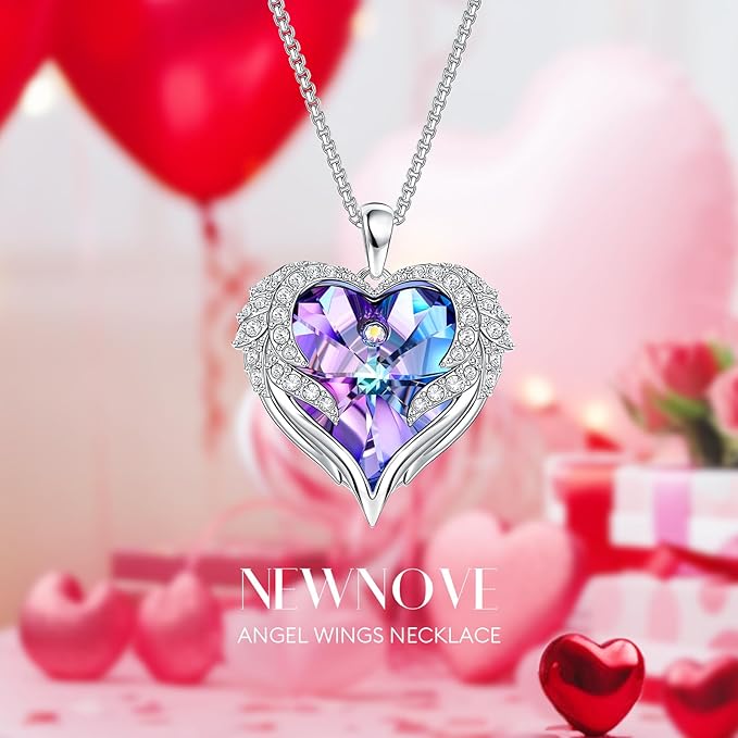 NEWNOVE Preserved Real Purple Rose with Angle Wings Necklace, Christmas Flowers Gifts for Mom Grandma Wife Girlfriend, I Love You Gifts for Her, Anniversary or Birthday Gifts for Women