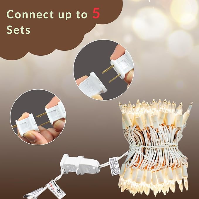 Clear Mini Green Wire Christmas Lights - UL Listed Connectable String Lights for Indoor and Outdoor Use for Xmas Trees Wreath Holiday Garden Decorations (1, White Wire Clear)