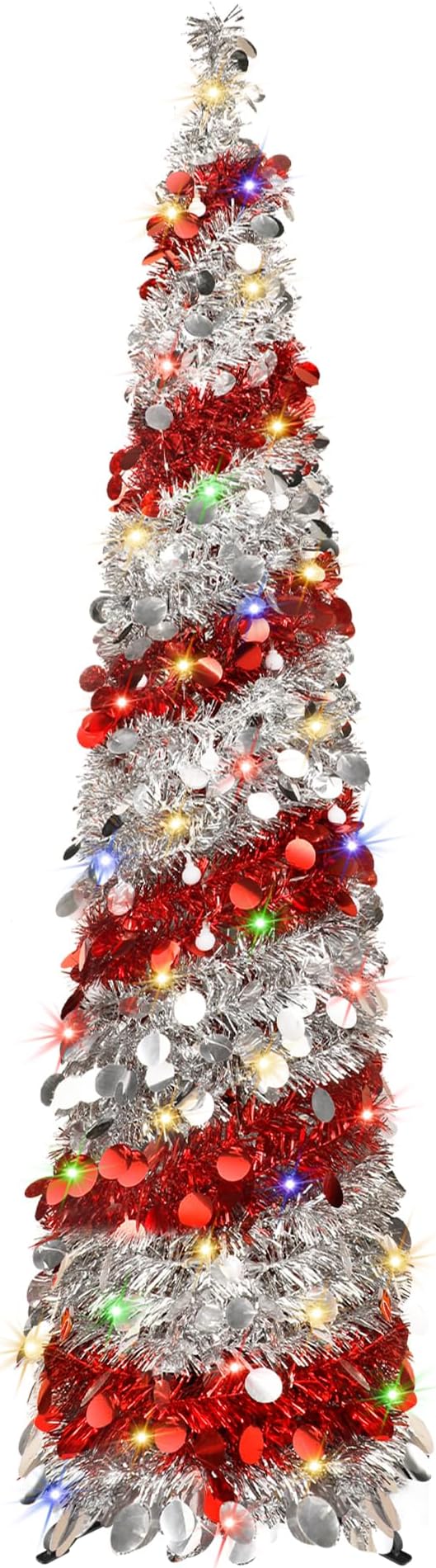 5FT Christmas Trees with 90 Lights, Collapsible Artificial Sequin Pop Up Christmas Tree, Tinsel Slim Pencil Christmas Tree for Home Holiday Fireplace Party Indoor Outdoor Xmas Decorations (Sliver&Red)