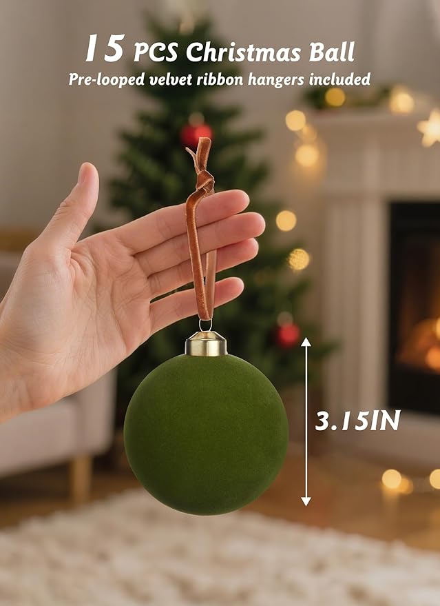 Brightown 15 Pcs Green Velvet Christmas Balls, 3.15 Inch Velvet Ornaments for Christmas Tree, Christma Tree Flocked Ornaments Balls for Family Holiday Wedding Party Xmas Hanging Decoration