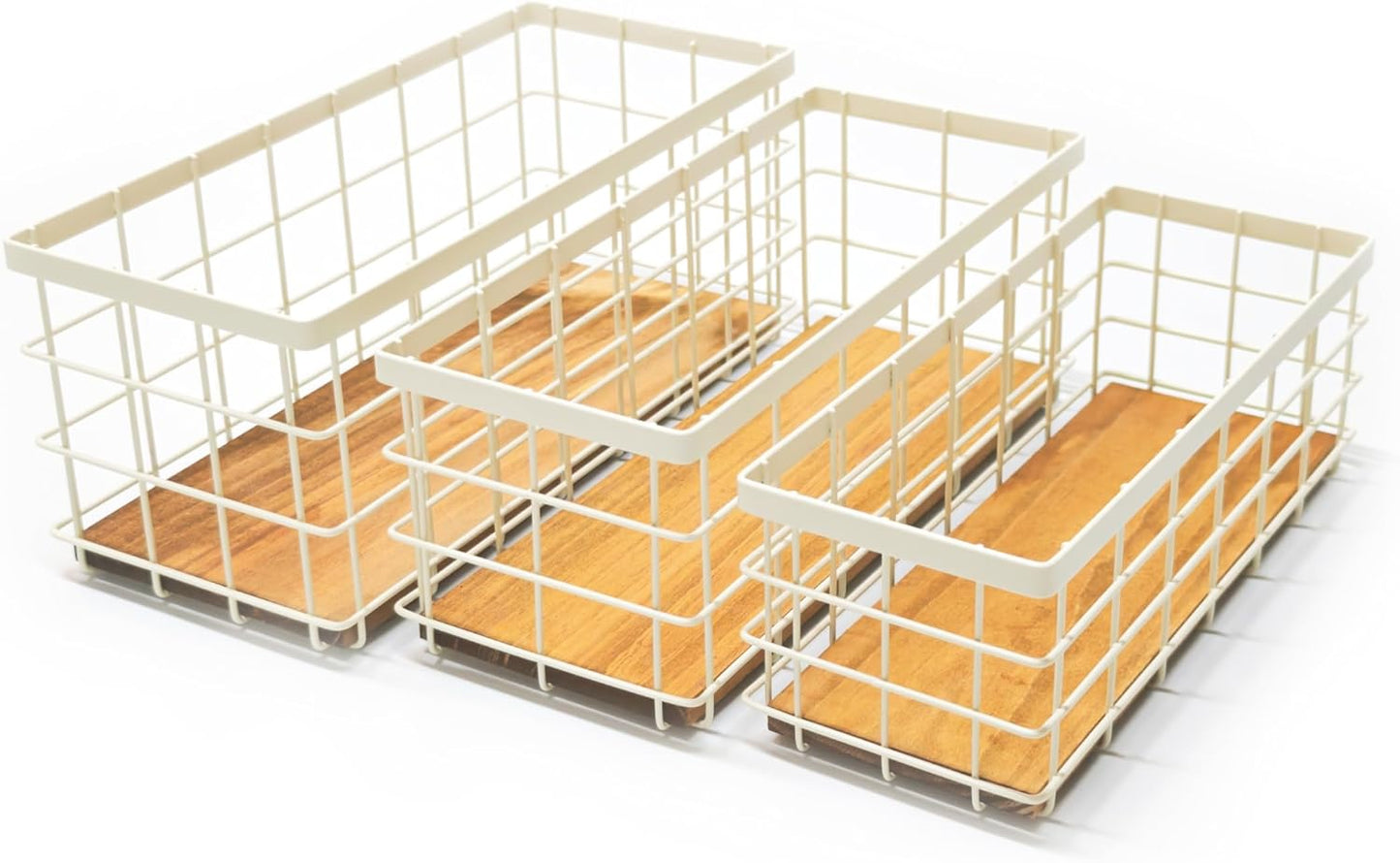 TIEYIPIN Farmhouse Decor Metal Wire Storage Baskets, Wood Base Containers Organizing Basket Caddy Bin for Kitchen Cabinets, Bathroom, Pantry, Garage, Laundry Room, Closets - Cream White (Set of 3)