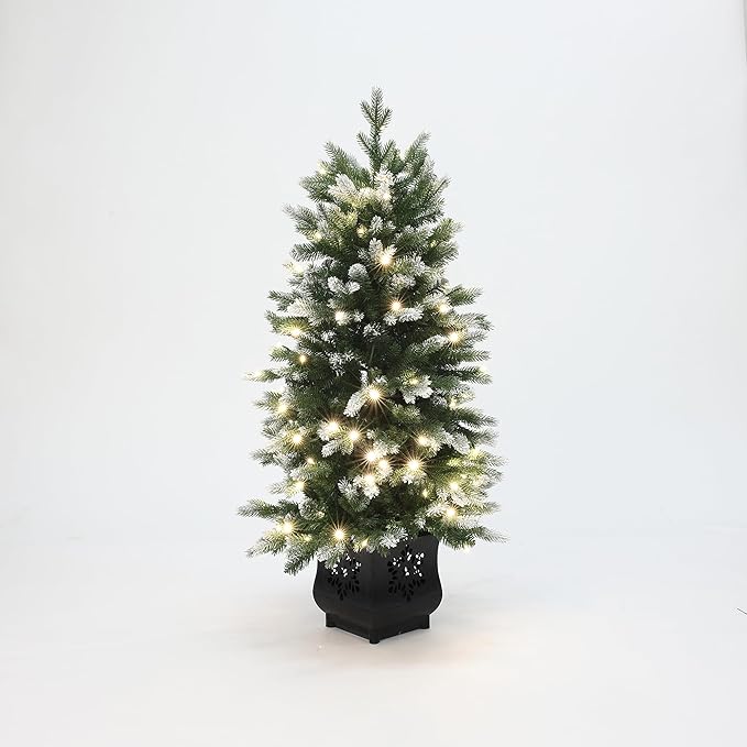 LuxenHome 4FT Potted Christmas Tree, Prelit Small Christmas Trees with 100 Warm White LED Lights, Slim Faux Tree Pre-lit with Black Square Base, Artificial Pine Trees for Indoor, Outdoor Holiday Decor