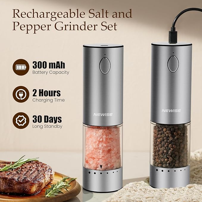 Electric Salt and Pepper Grinder Set - Christmas Kitchen Gift, Rechargeable with LED Lights, Stainless Steel Automatic Mill, Adjustable Coarseness, Large Capacity, Silver