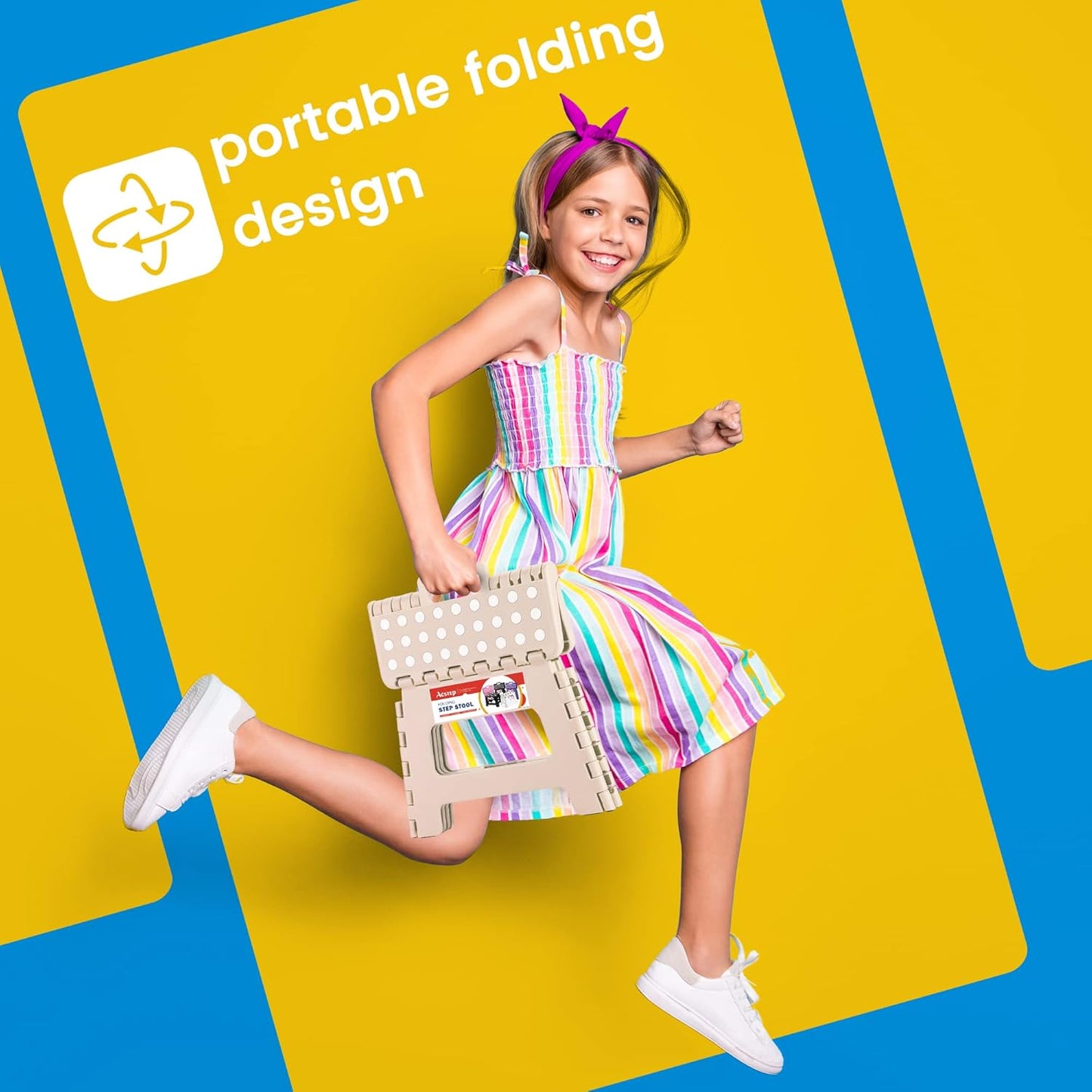 ACSTEP Folding Step Stool - 9 Inch Lightweight Plastic Non-Slip Foldable Stool for Kitchen, Bathroom, Bedroom - Khaki