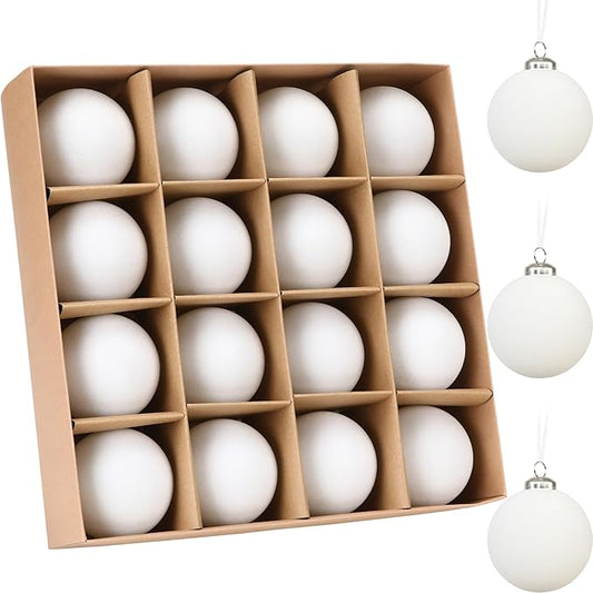 Sea Team 16-Pack Flocked Velvet Christmas Tree Ball Ornaments Set, Hanging Velour Baubles, Shatterproof Plastic Decorations for Xmas Tree, Wreath, Garland, 80mm/3.15 Inches, White