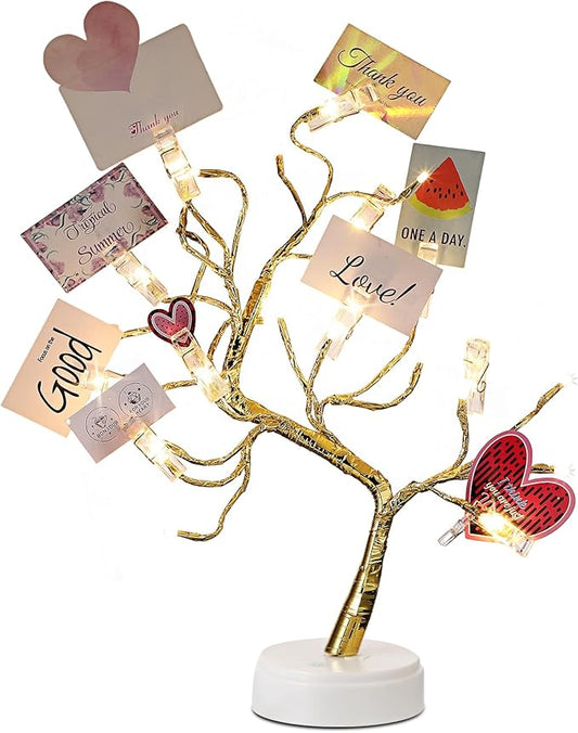 Mudder Money Holder Tree Present Card Holder with 12 Clear Clips LED Birch Twig Lights Tabletop Display Tree for Christmas, Valentines, Memo, Photo, Wedding(Cute Style,Gold, Warm White)