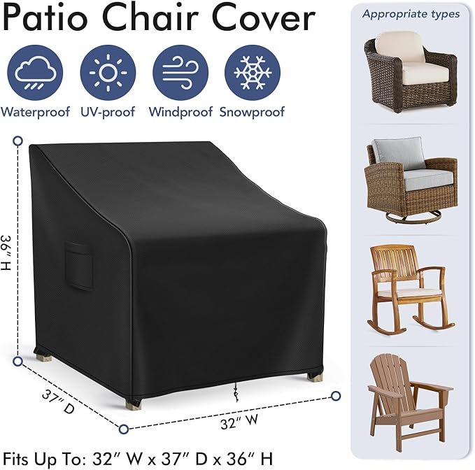 Adirondack Chair Covers Waterproof, Lawn Outdoor Chair Covers 2 Pack, Patio Chair Covers for Outdoor Furniture Fits up to 32W x 37D x 36H inches, Black