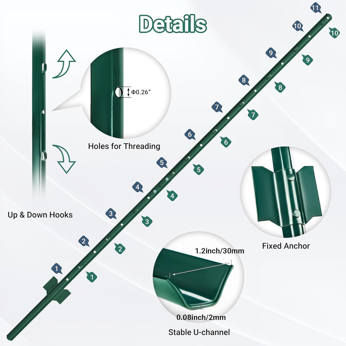Fence Posts 6 Ft - 8 Pack, Requires Manual Assembly - Heavy Duty Metal Fence Post, No Dig U Post for Farm, Garden, Orchard and Outdoor Wire Fencing (Green)