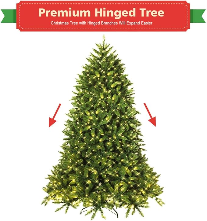 Goplus 7.5ft Prelit Christmas Tree, Premium Hinged Artificial Fir Tree, with LED Lights and Metal Stand, Easy Assemble, Xmas Decor for Home