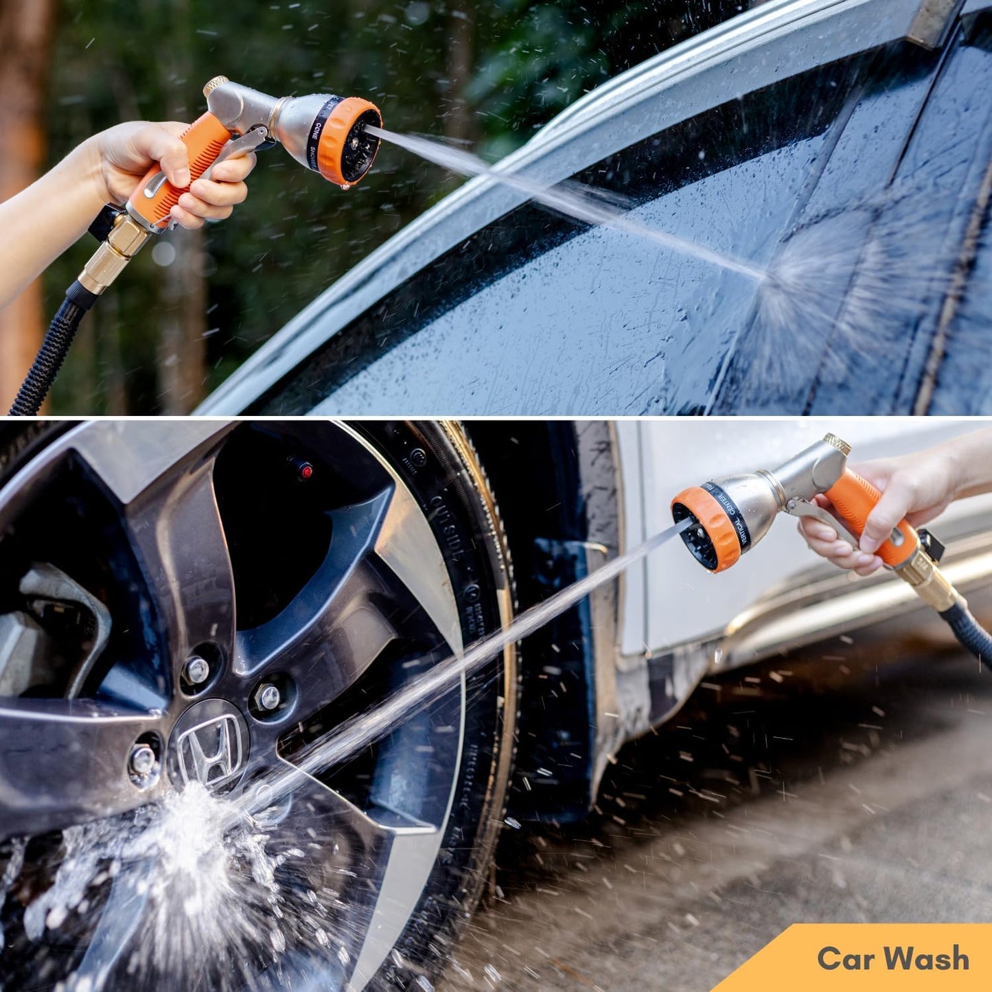 HOSUN Garden Hose Nozzle Sprayer Heavy Duty, 100% Metal Water Hose Nozzle with 8 Spray Patterns, High Pressure Hose Spray Nozzle with Non-Slip Grip for Watering Plant & Lawn, Washing Car & Pet, Orange