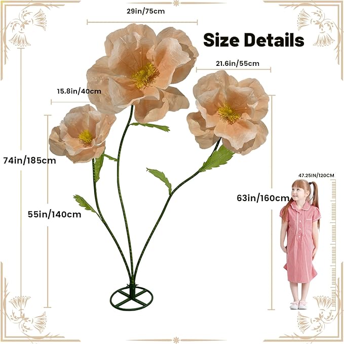 3Pcs Large Giant Artificial Flowers Decoration - Artificial Giant Paper Flowers for Wedding Graduation Bridal Shower Birthday Handcrafted Wall Backdrop Party Supplies (Light Orange)