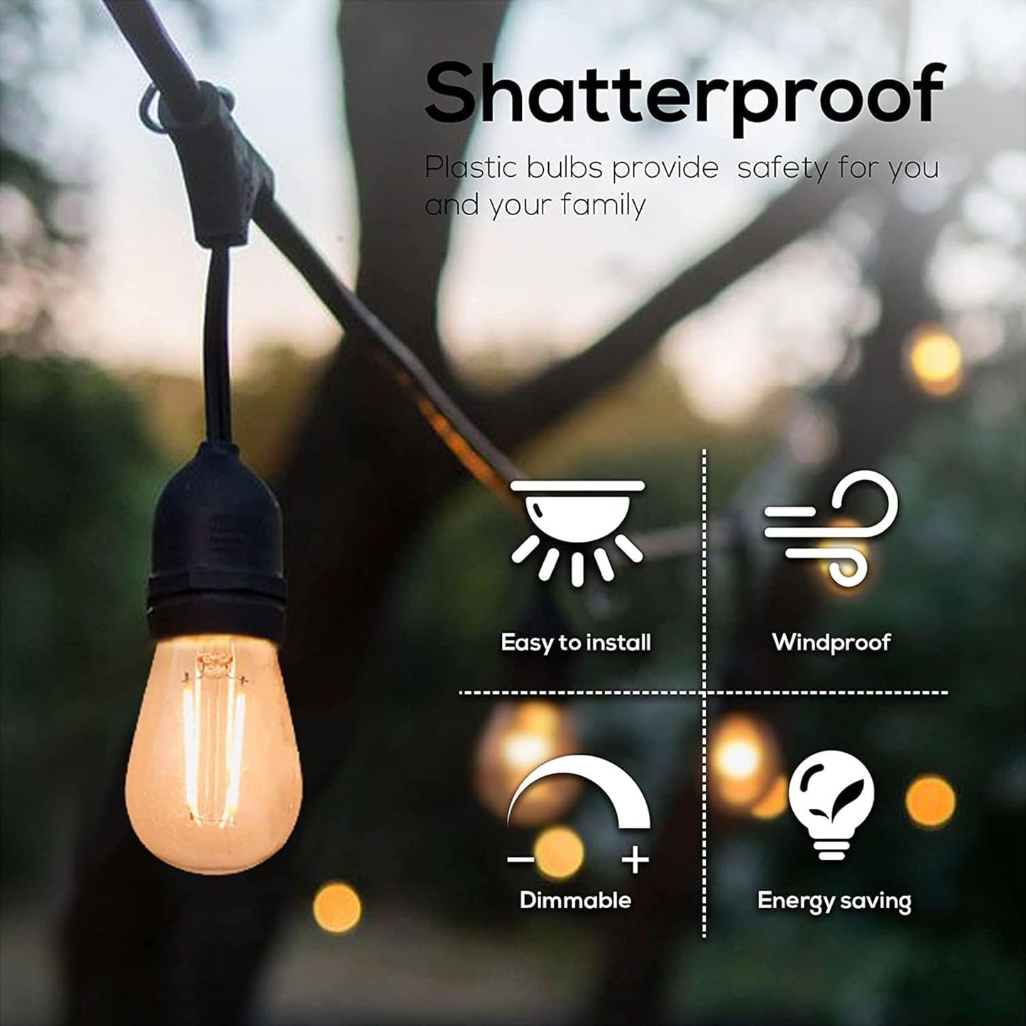 Banord Outdoor String Lights Vintage LED Filament Bulb, Shatterproof E26 Screw Base Edison LED Light Bulbs for Indoor & Outdoor Use 100 Pack