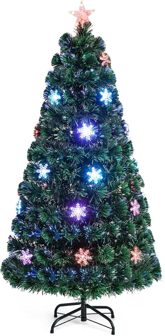 Goplus 5ft Pre-Lit Fiber Optic Christmas Tree, Artificial Xmas Full Tree with Colorful Snowflake LED Lights, 170 Branch Tips, Foldable Metal Base, for Office Home Holiday Decor