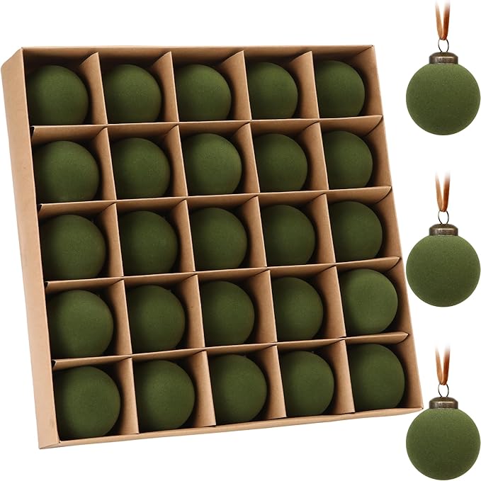 Sea Team 25-Pack Flocked Velvet Christmas Tree Ball Ornaments Set, Hanging Velour Baubles, Shatterproof Plastic Decorations for Xmas Tree, Wreath, Garland, 60mm/2.36 Inches, Olive Green
