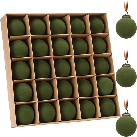 Sea Team 25-Pack Flocked Velvet Christmas Tree Ball Ornaments Set, Hanging Velour Baubles, Shatterproof Plastic Decorations for Xmas Tree, Wreath, Garland, 60mm/2.36 Inches, Olive Green