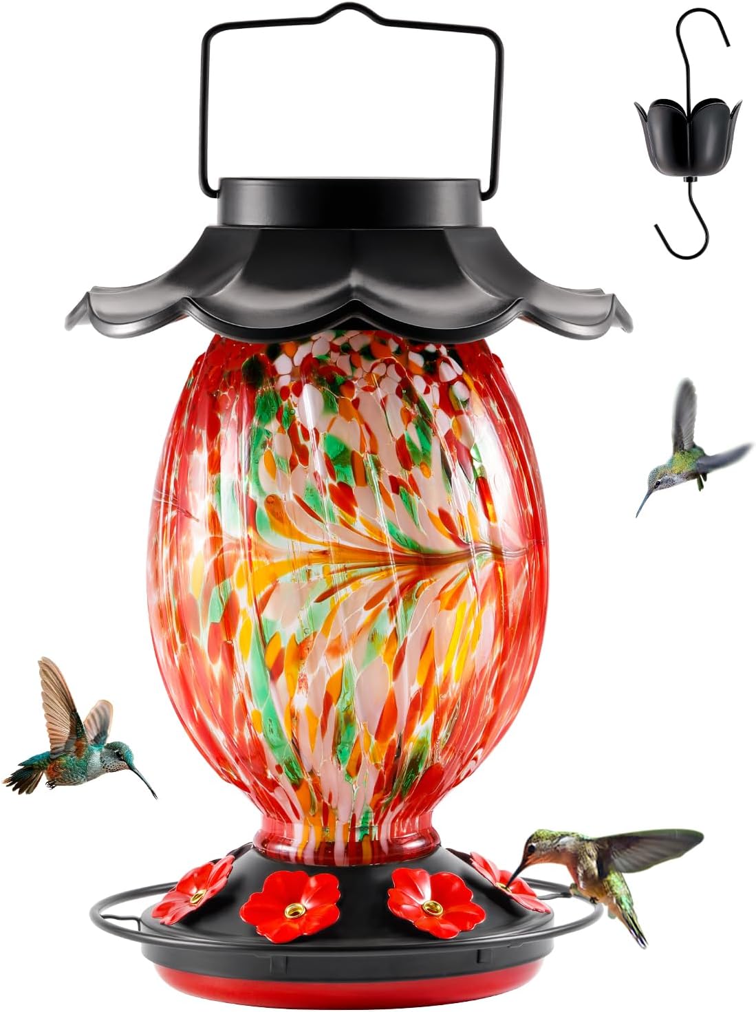 Solar Hummingbird Feeder - 49 fl.oz Hand Blown Glass Color Changing - 7 Feeding Ports with Perch - Never Leak - Perfect Hummingbird Feeder