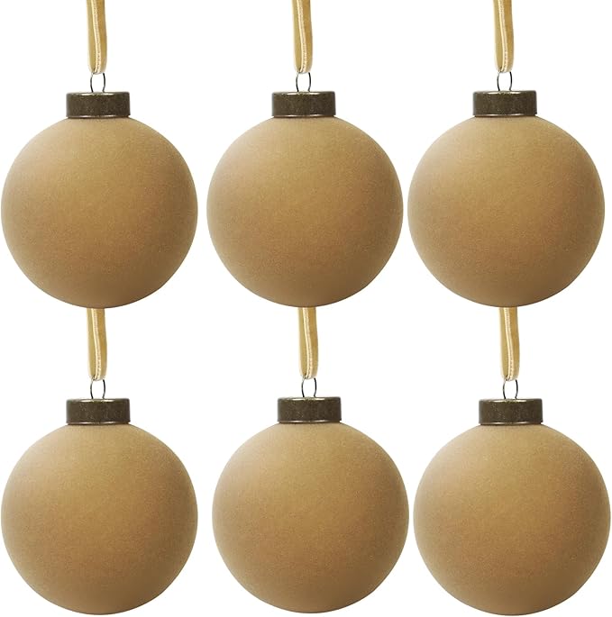 6 Pcs Velvet Christmas Balls Bulk Shatterproof Plastic Christmas Tree Decorations for Decorative Hanging Baubles (6, Khaki, 3.94Inch)