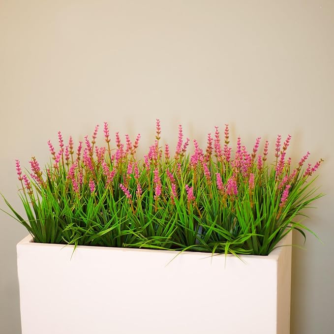 Artificial Plants Outdoor 12 Bundles Fake Monkey Grass Fade Resistant Plastic Faux Flowers Look Real for Porch Patio Home Garden Pot Decor (12 Bundles Pink Monkey Grasses)