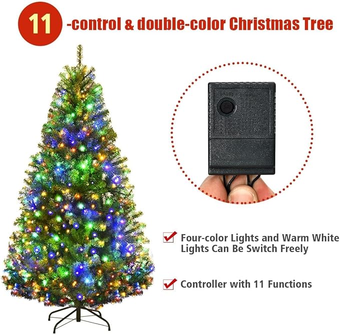 HAPPYGRILL 5FT Pre-lit Artificial Christmas Tree with 600 PVC Branch Tips, Foldable Base, Premium Hinged Spruce Xmas Tree with 11 Color Modes Lights for Holiday Decoration