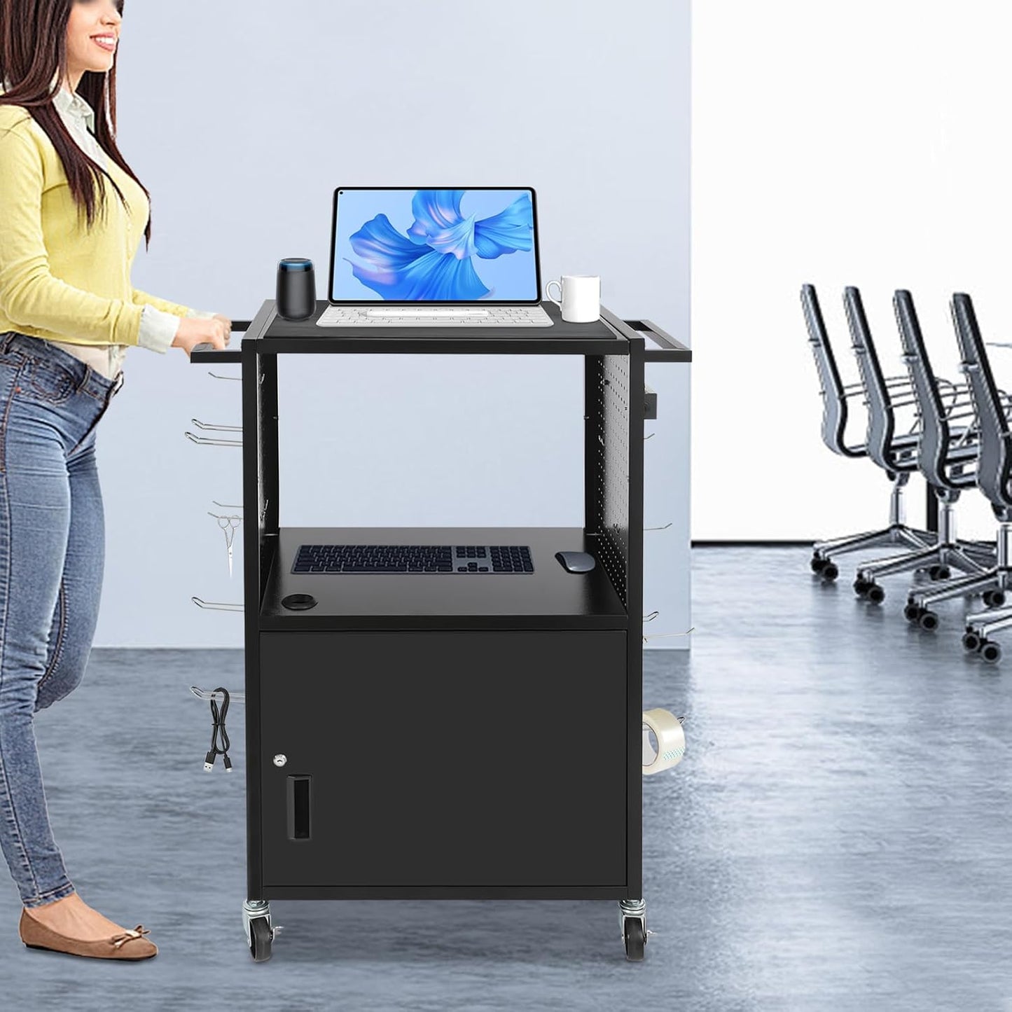 Computer Cart AV Cart, 3 Tiers Utility Media Cart with Wheel, Locking Cabinet, Power Strip and 264.55 lbs Load Capacity, Laptop Cart Mobile Workstation for Classroom Conference Room Black