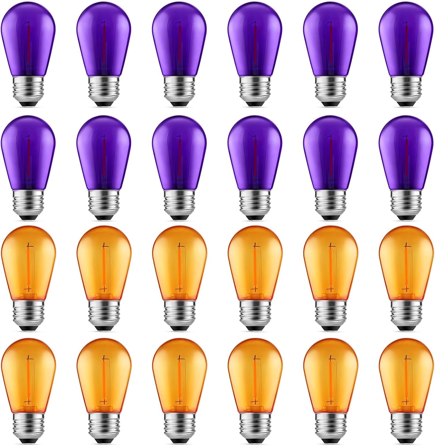 Meconard S14 Purple and Orange LED Light Bulbs, 24Pack 1W Plastic Shatterproof Waterproof LED Bulbs for Indoor Outdoor String Lights, E26 Base, Halloween Decoration, String Light Replacement Bulbs