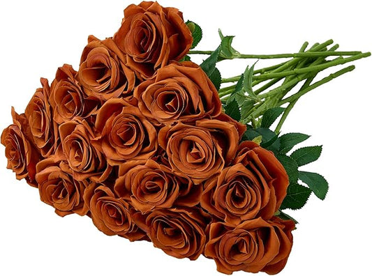 15pcs Burnt Orange Fake Roses Artificial Silk Flowers Faux Rose Flower Long Stems Bouquet for Arrangement Wedding Centerpiece Party Home Kitchen Decor(VASE NOT Included)
